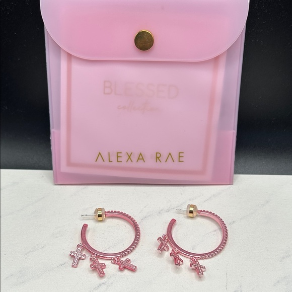 Alexa Rae Earrings Blessed Collection Metallic Sacred Bloom Pink Crosses Hoops - Picture 1 of 4